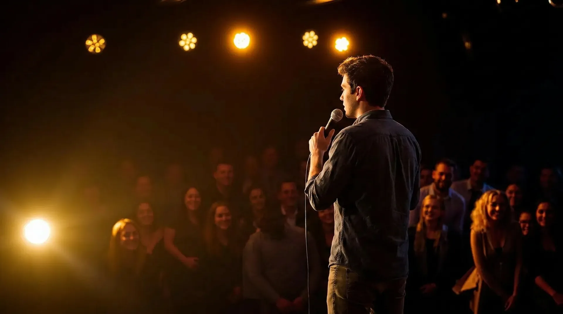 Comediante em palco corporativo iluminado com plateia engajada
