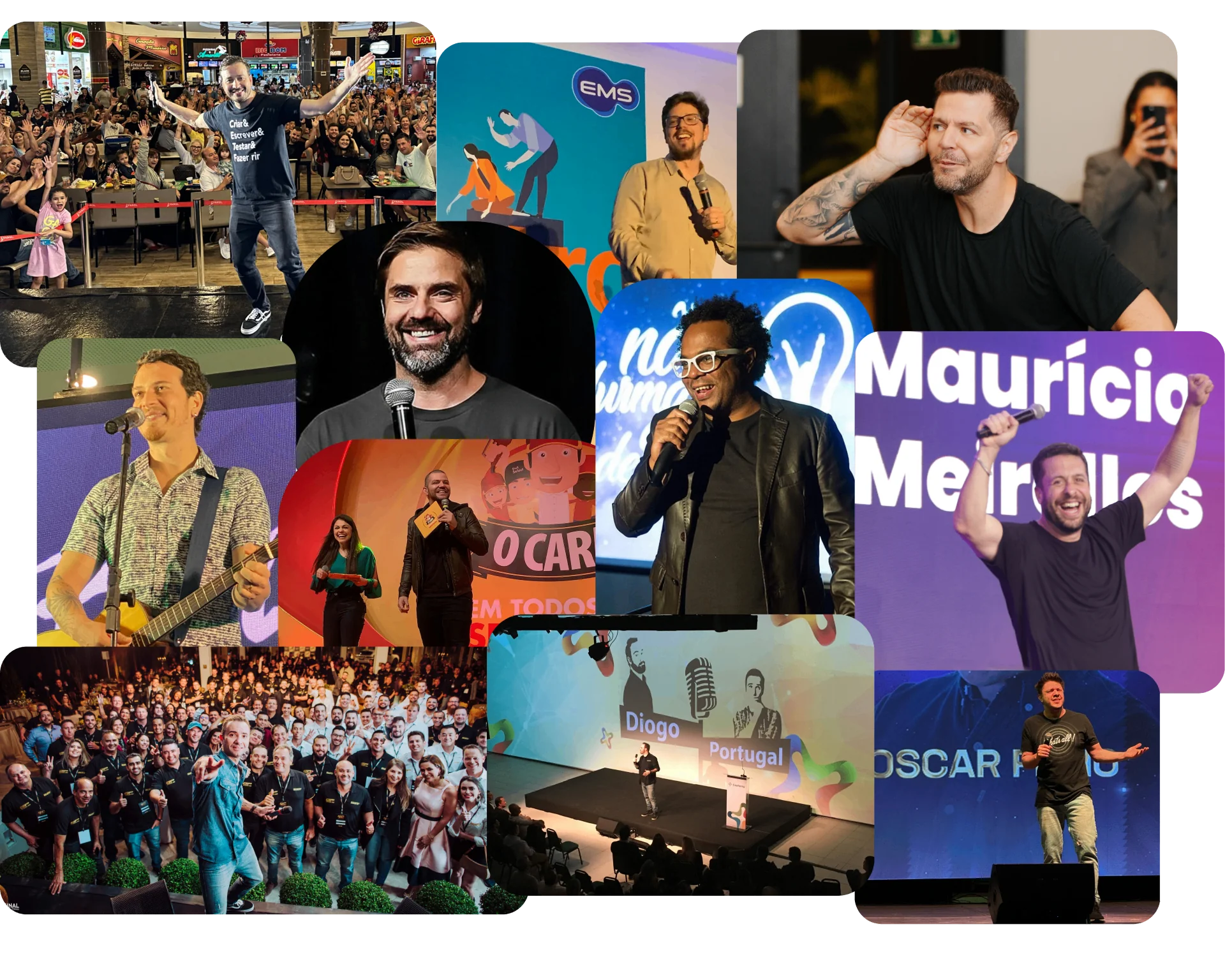 Mosaico de comediantes disponíveis para eventos corporativos